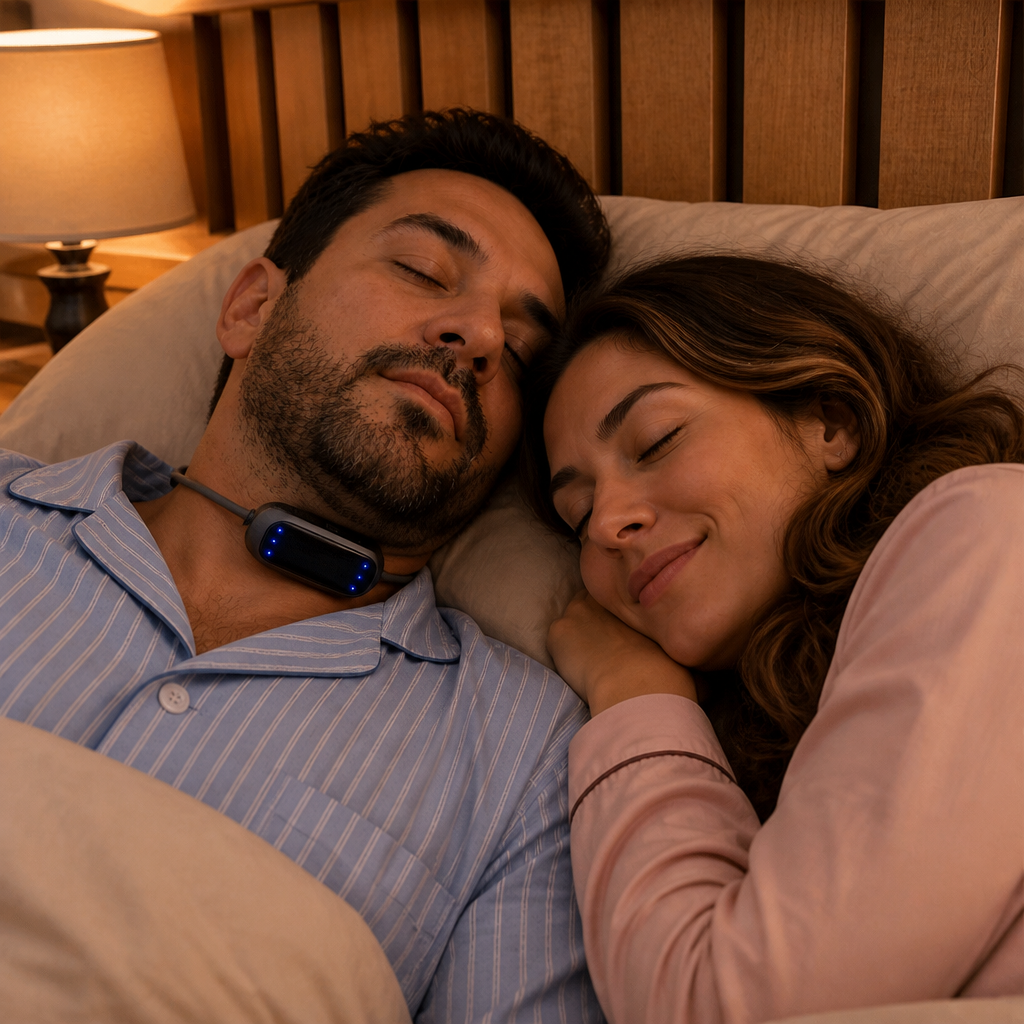 Pareja durmiendo tranquila; él lleva Hushwave bajo la barbilla